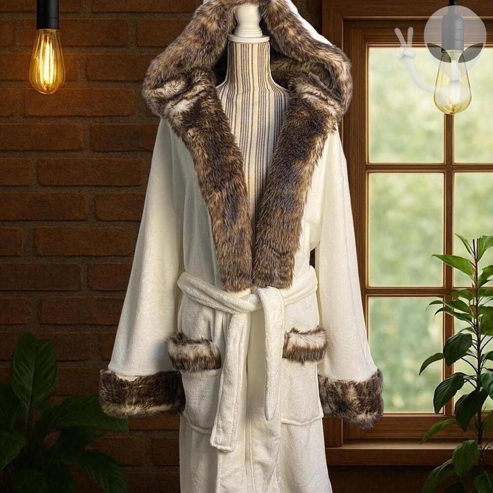 Faux Fur Ombre Robe Large Cream Brown Soft Cozy Loungewear Winter Sleepwear - Picture 3 of 6